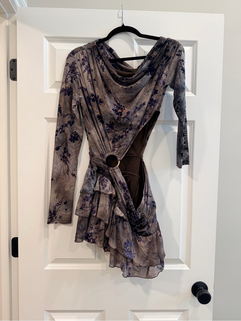 Mauve Floral Draped Cutout Mini Dress